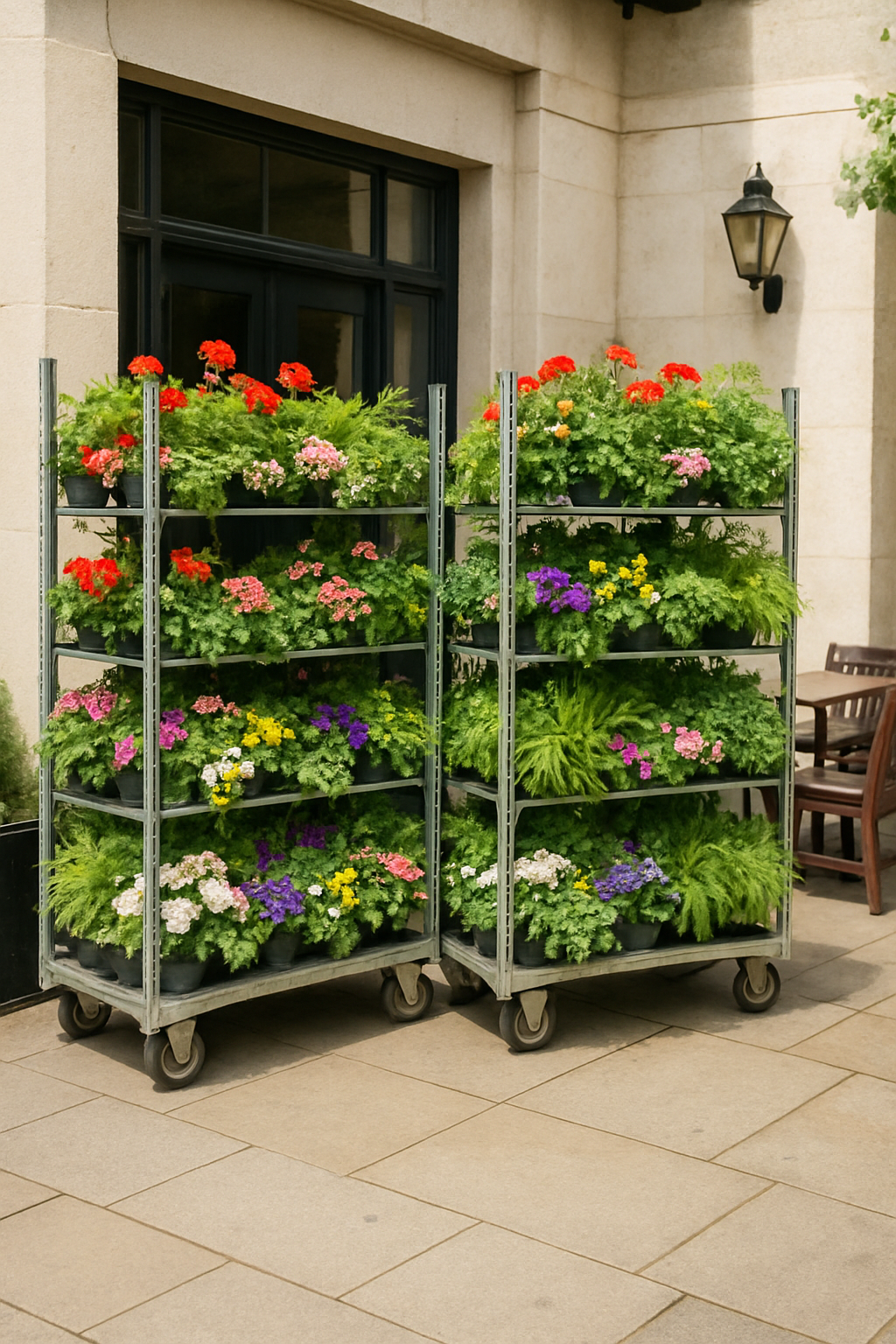 Seasonal flowering planters outside a pub terrace with outdoor seating and lush greenery in soft daylight
