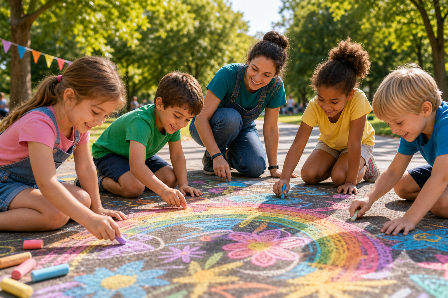 Smiling kids painting a colorful outdoor mural while an instructor guides them