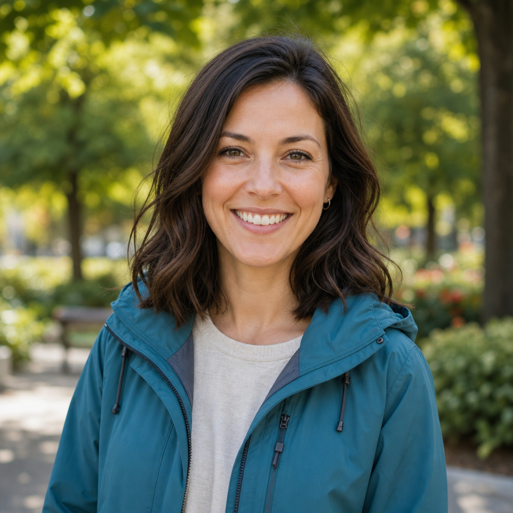 Warm, approachable portrait of Riley Morgan, a smiling instructor wearing a casual outdoor jacket