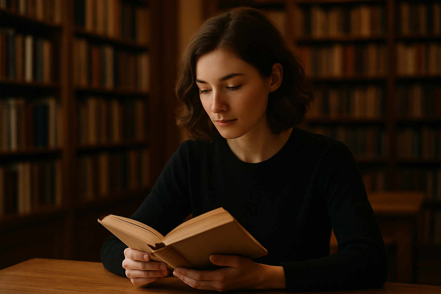 Woman reading a hardback book at a wooden table in a softly lit library with warm shelves of books