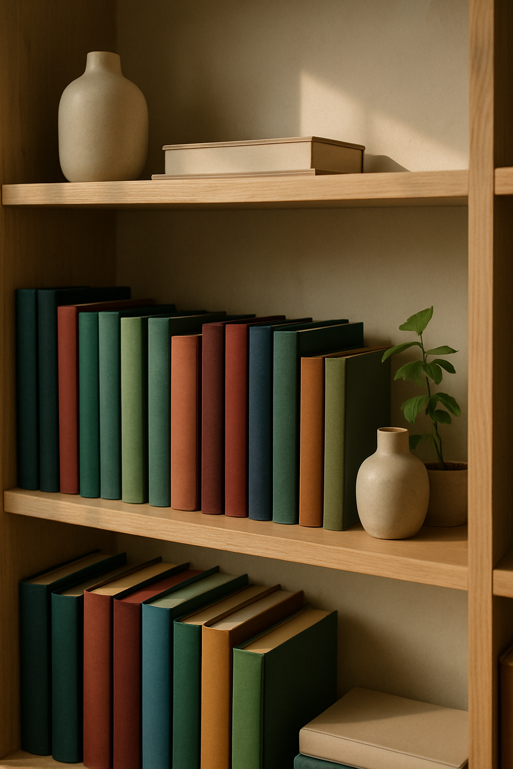 Sunlit wooden bookshelf with neatly arranged hardcover books in muted jewel tones and minimalist ceramic decor