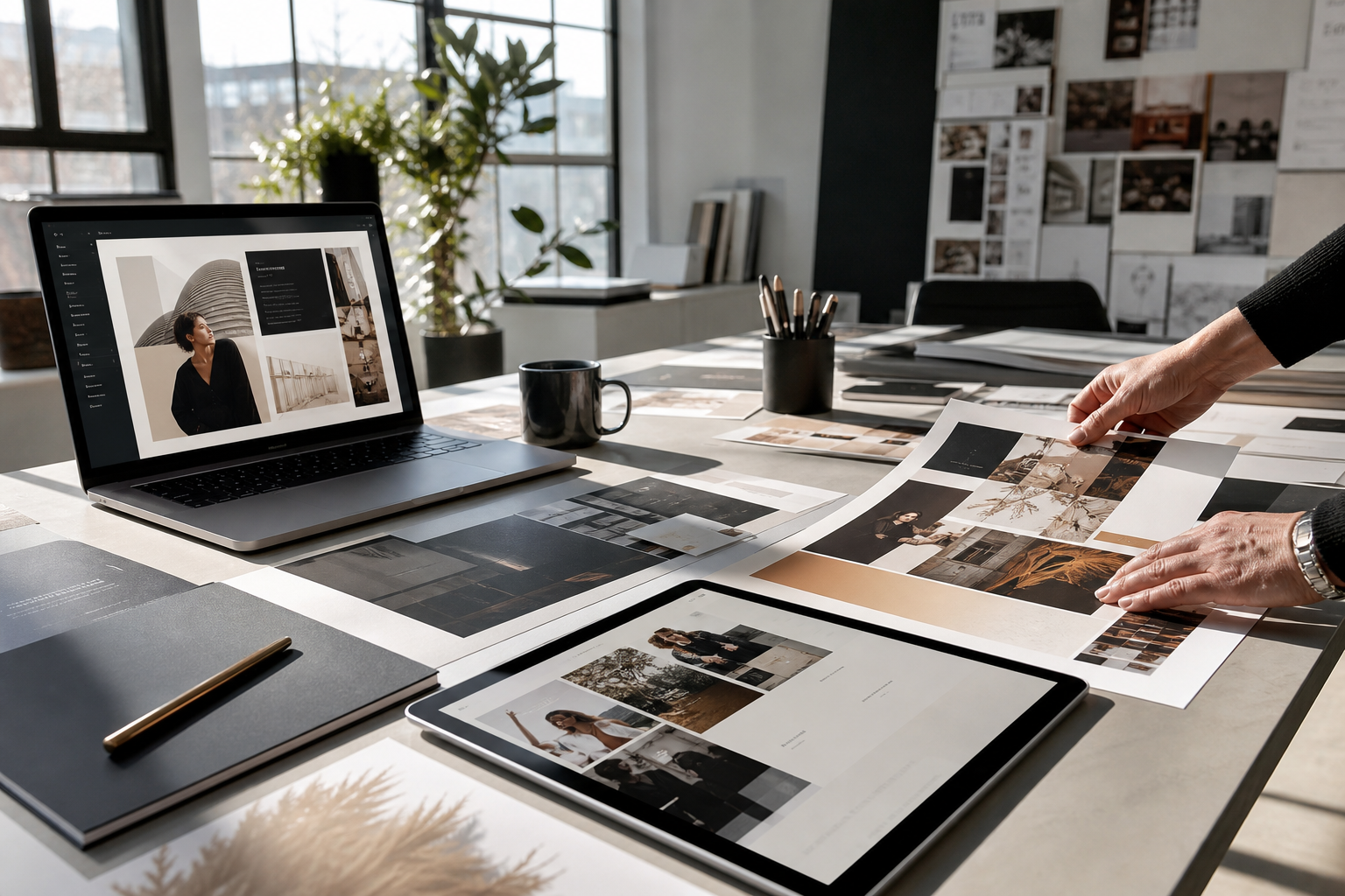Bright premium creative-agency studio scene with natural daylight, campaign planning materials, modern devices, and polished editorial composition