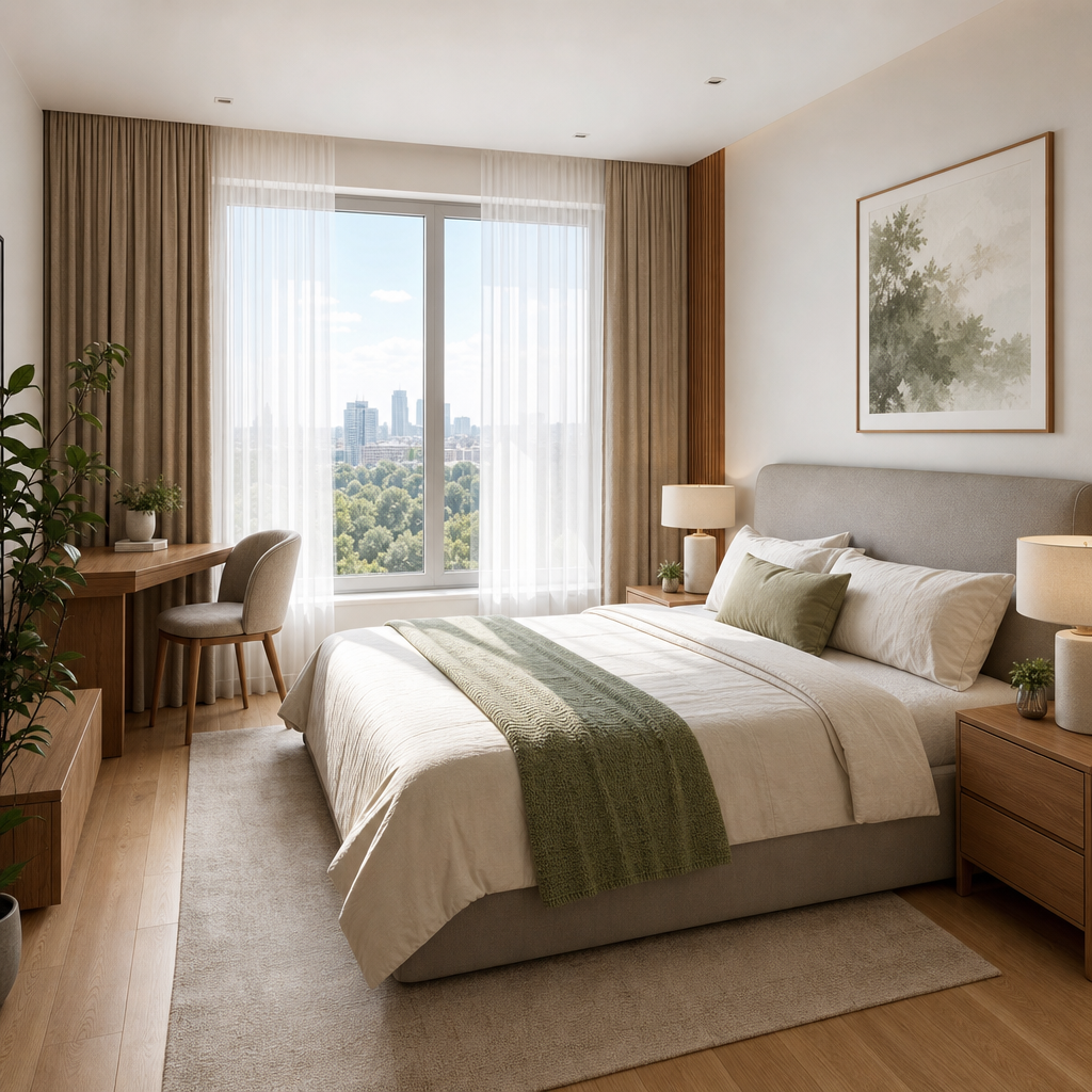 Modern home near green spaces bedroom view