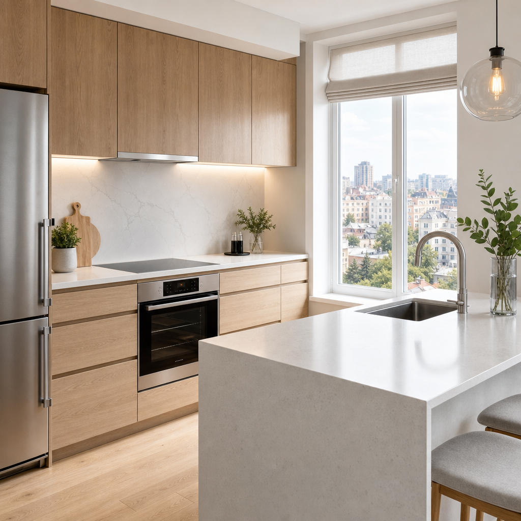 Light-filled apartment near central Kyiv kitchen view