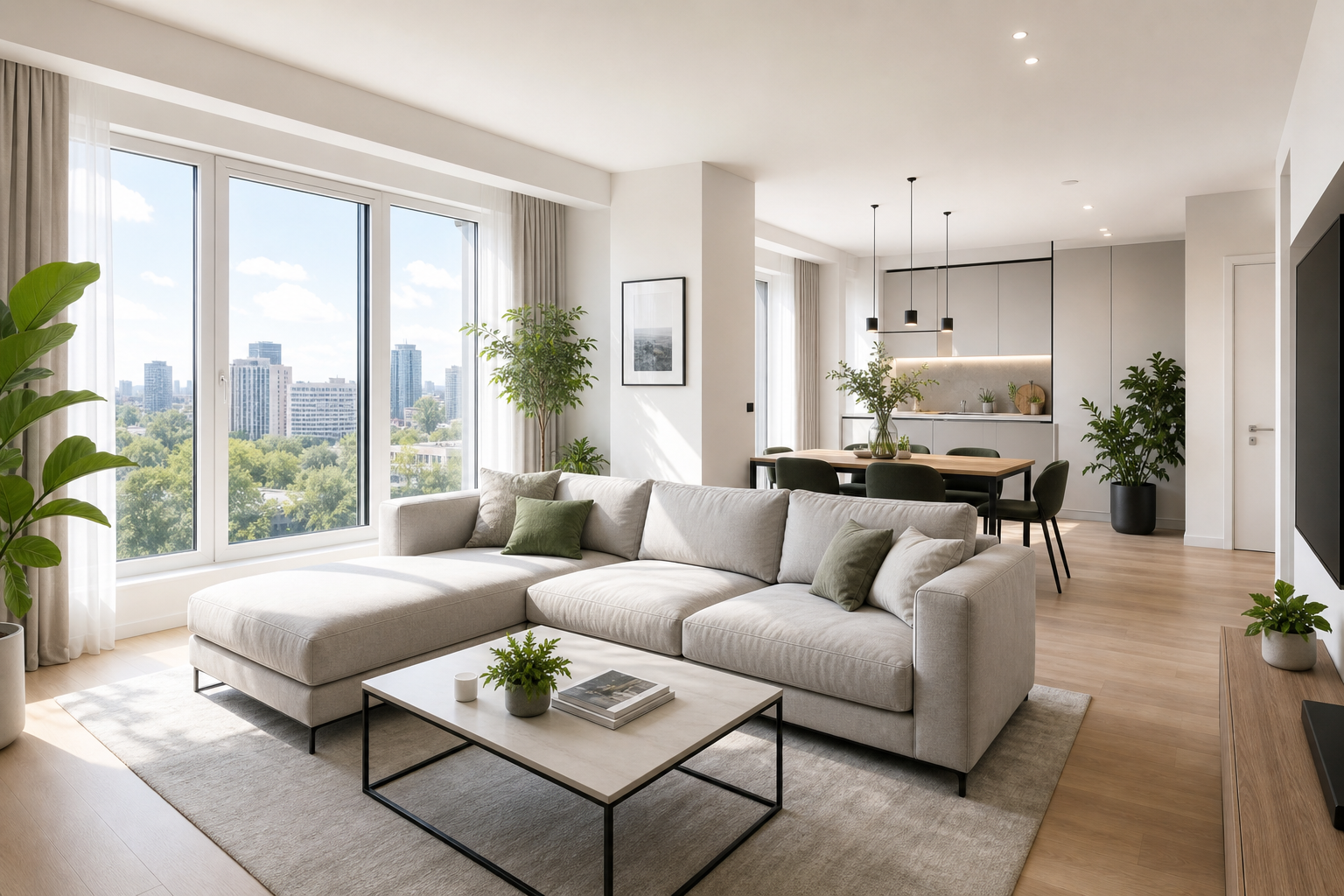Modern home near green spaces living room view