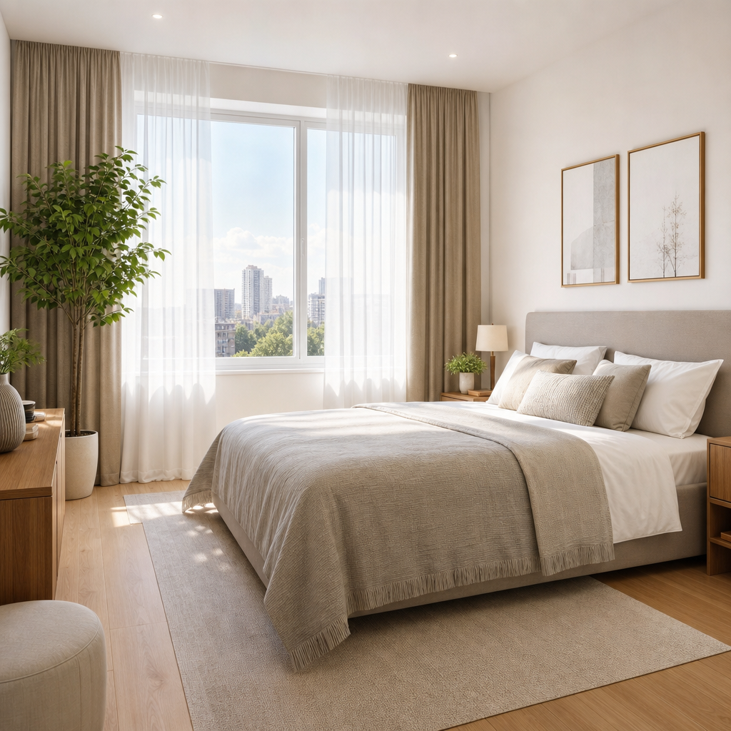 Light-filled apartment near central Kyiv bedroom view