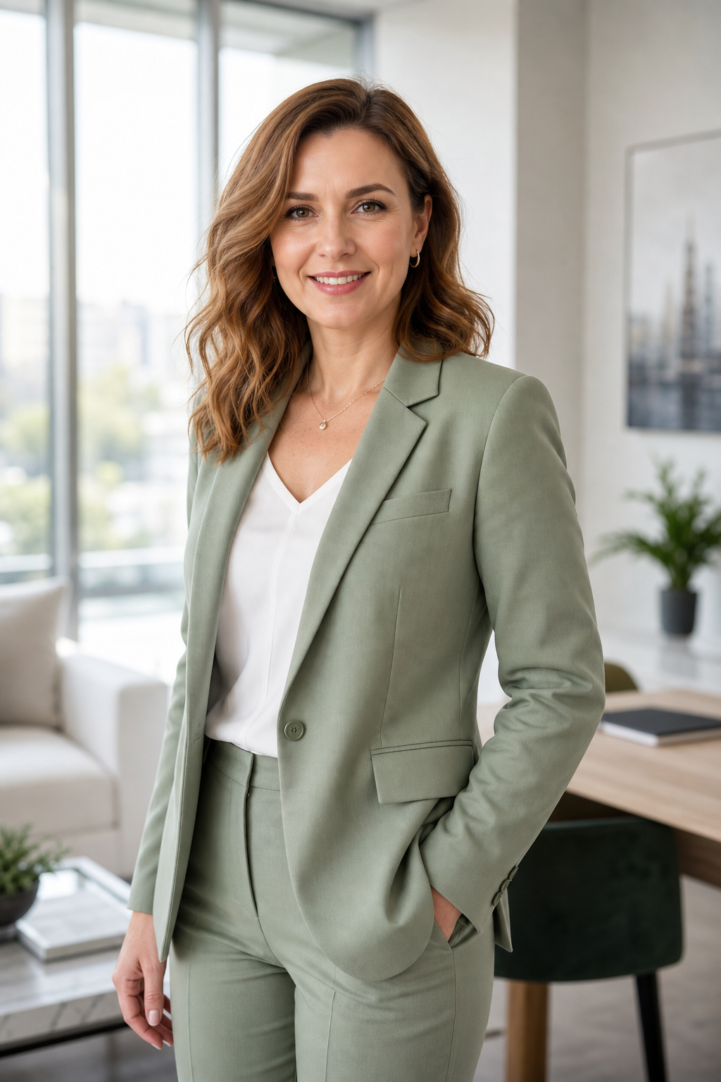 Olha Melnyk, Kyiv real estate agent, standing confidently in a bright modern office