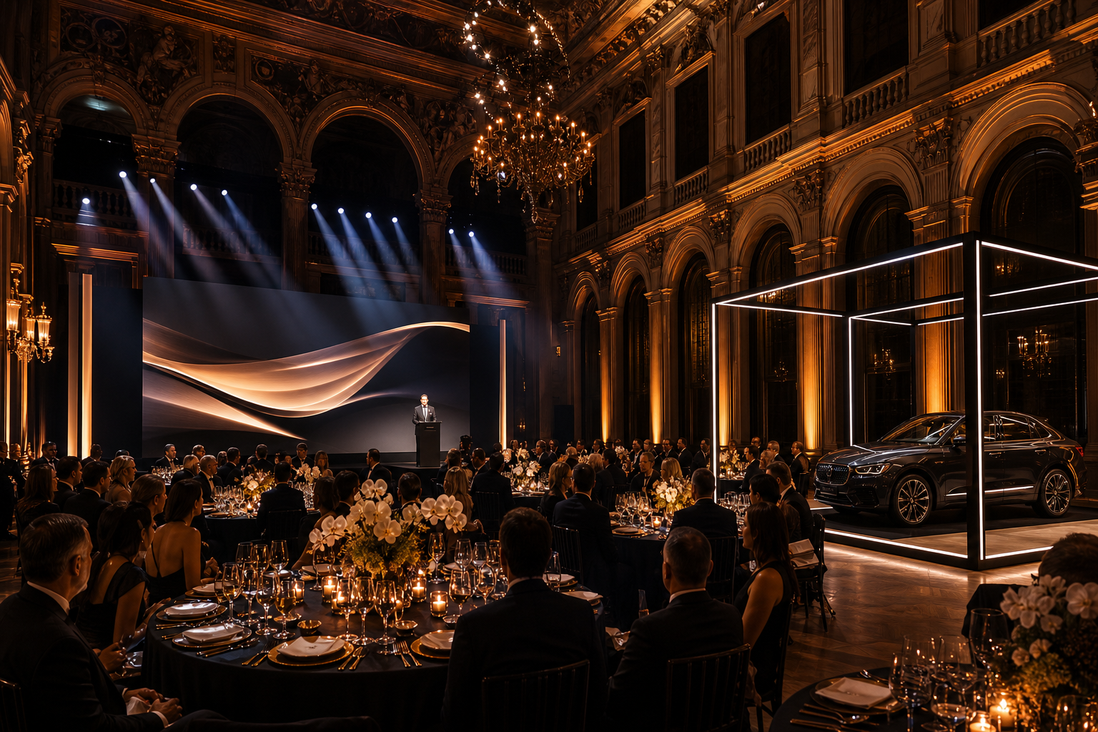 Elegant corporate gala in a historic hall with branded stage lighting and a modern brand activation display