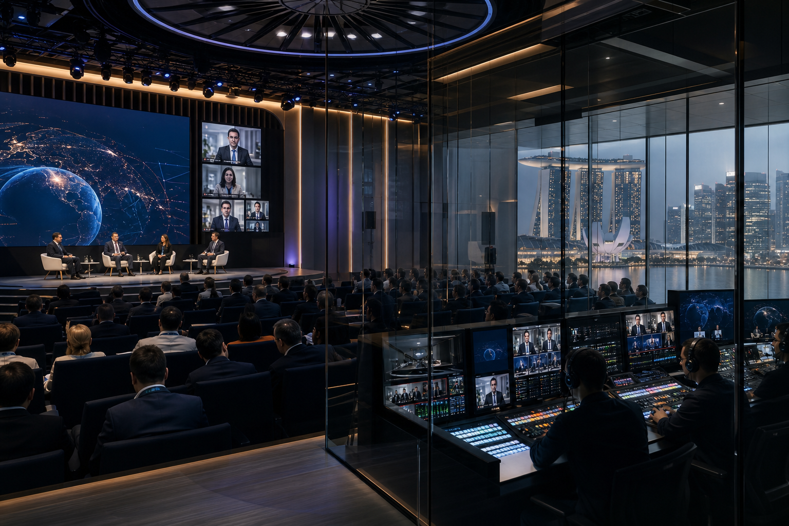 Modern Singapore business forum with hybrid broadcast screens and a sleek logistics control room