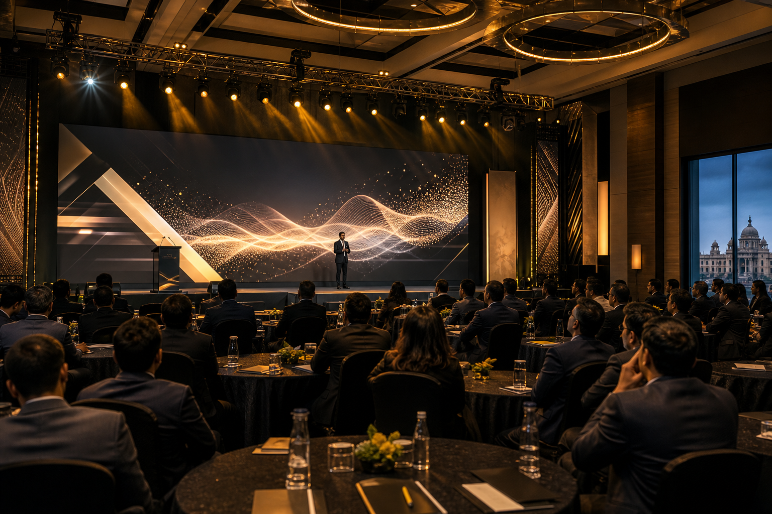 Cinematic corporate leadership summit in Bengaluru with warm stage lighting, large screen visuals, and refined delegate seating