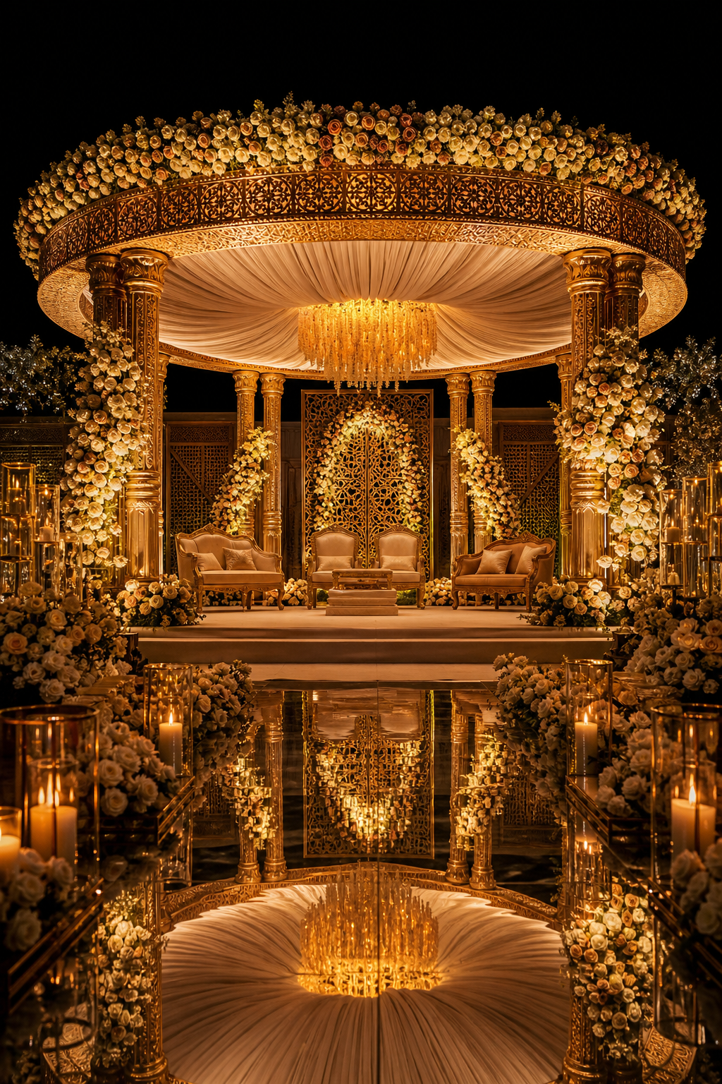 Luxury wedding mandap with gold florals and warm lighting in Bengaluru
