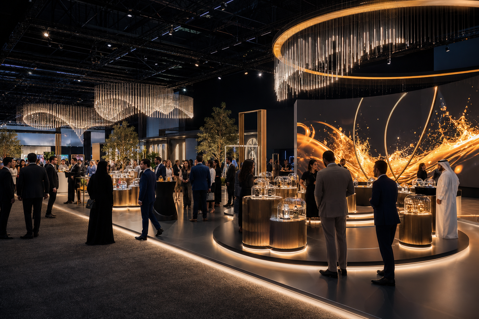 Modern exhibition hall with immersive brand activation, floating light installations, and curated product displays