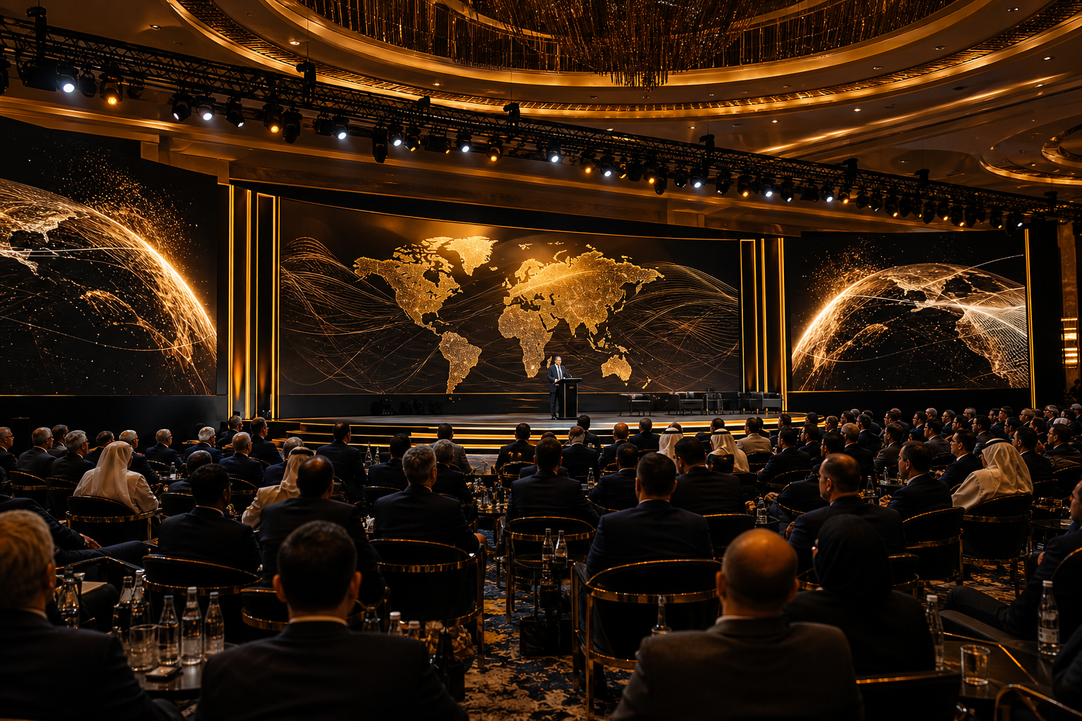 Executive summit stage with gold lighting, panoramic LED screens, and an elegant auditorium audience