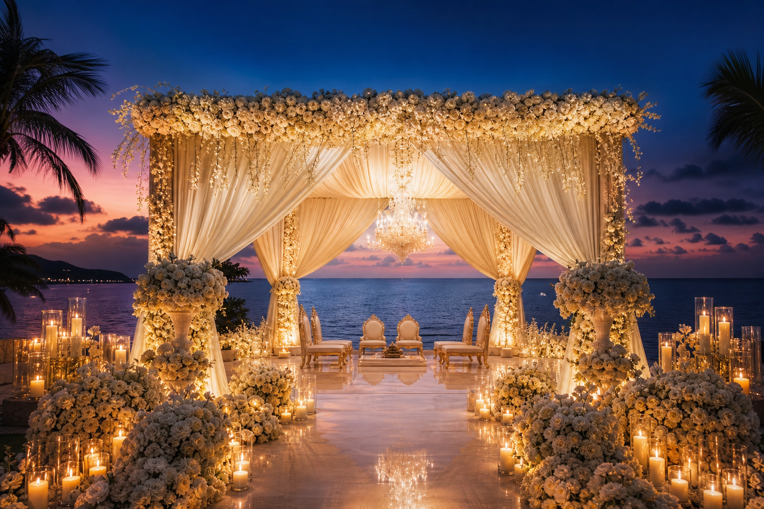 Luxury oceanfront wedding mandap with ivory florals, soft candlelight, and twilight sky
