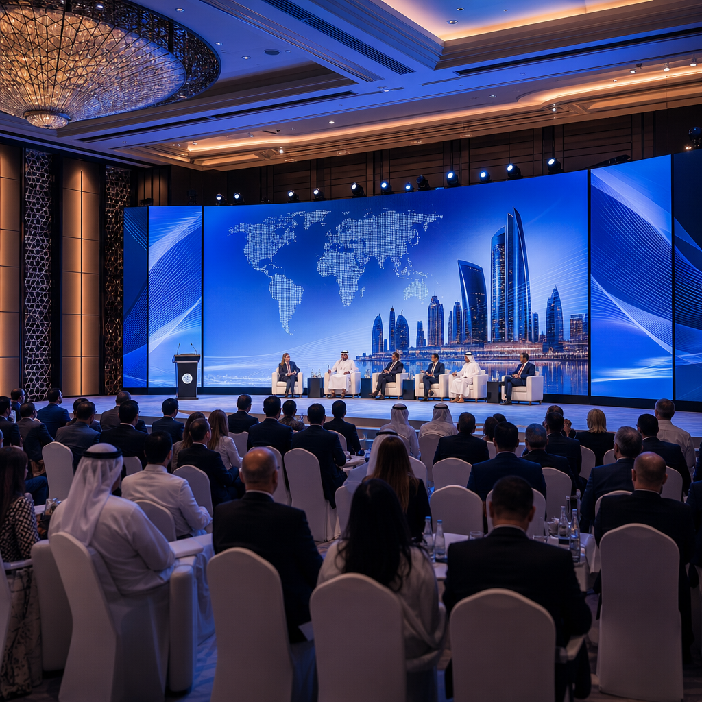 A modern corporate forum in Abu Dhabi with a large LED stage, blue lighting, and seated delegates in a high-end ballroom