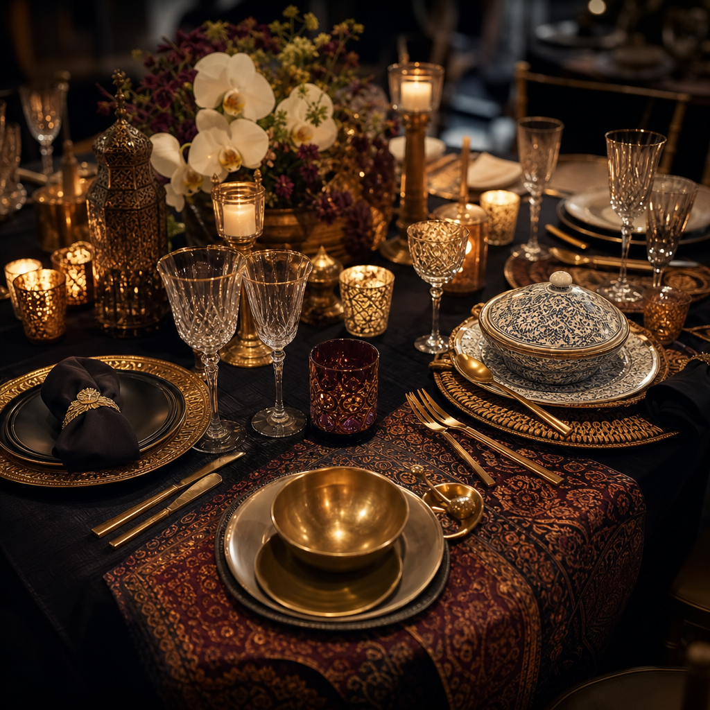 Elegant banquet table with mixed cultural place settings, gold flatware, and soft candlelight