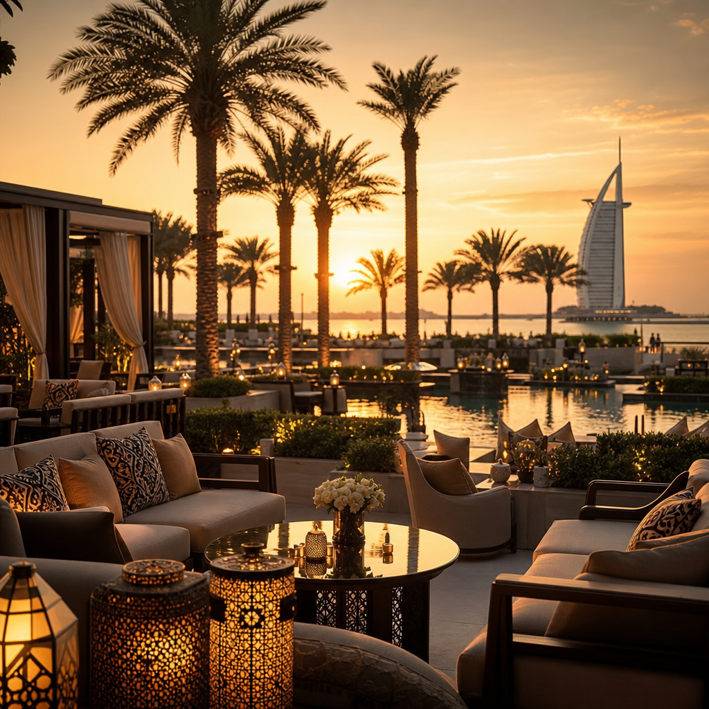 A destination hospitality program in the UAE featuring luxury resort lounges, palm-lined pools, and sunset ambiance