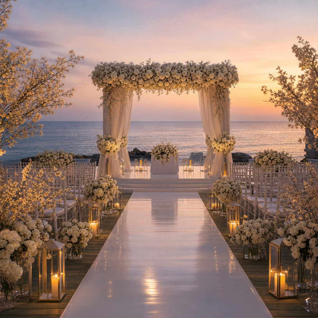 Luxury seaside wedding ceremony at dusk with white florals, lantern aisles, and a soft horizon glow