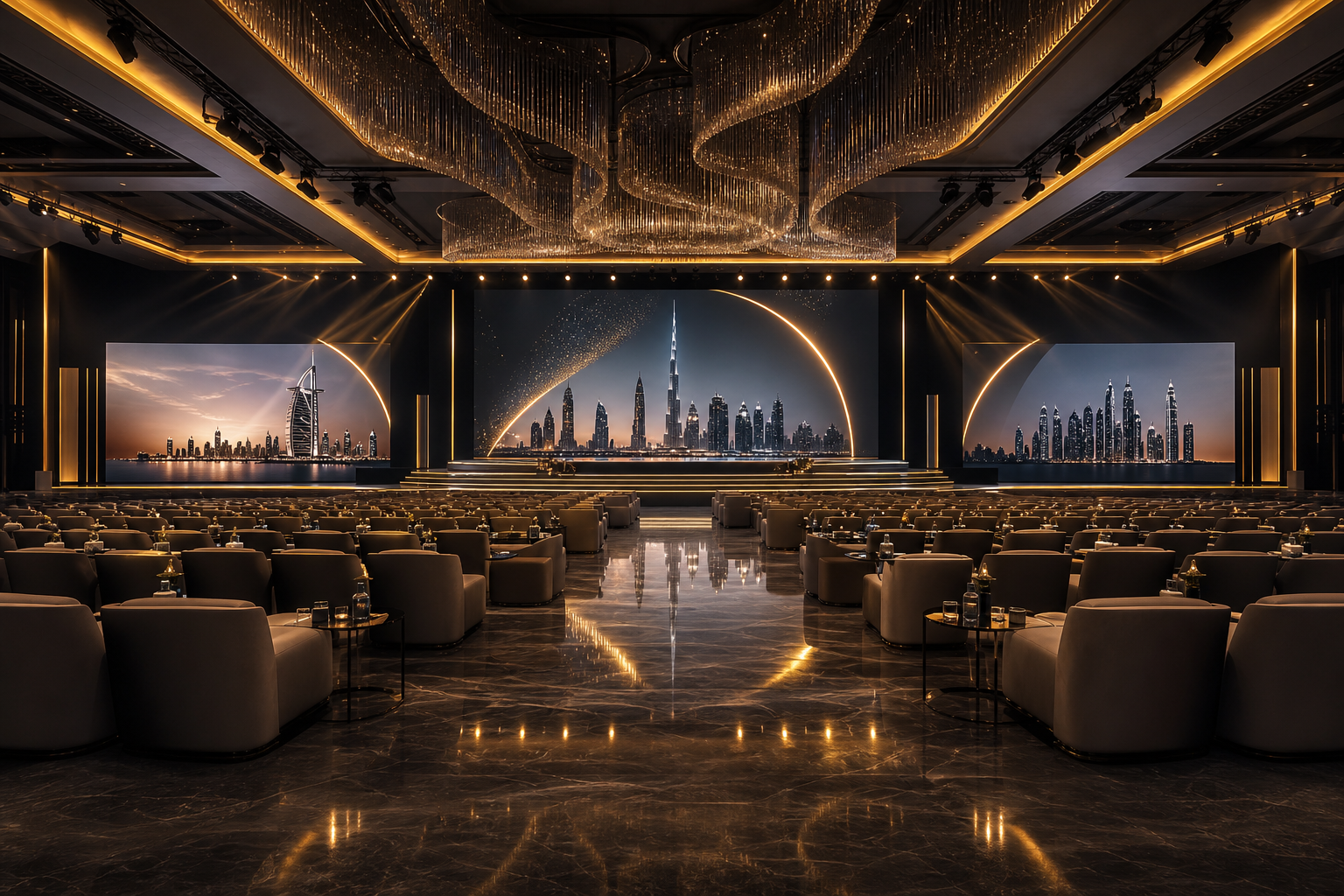 Dramatic corporate summit ballroom in Dubai with stage lighting and large LED screens