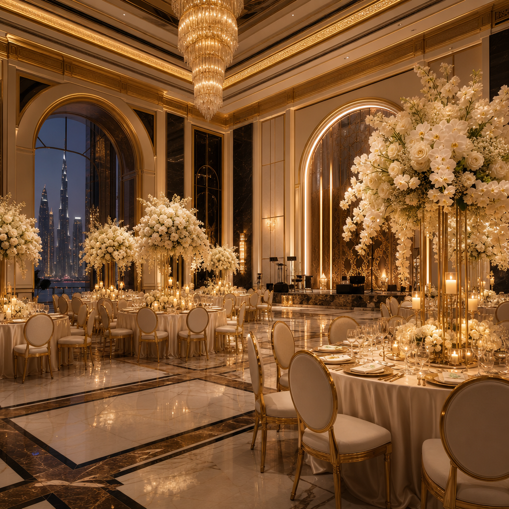 Elegant Dubai ballroom with gold accents, floral installations, and warm ambient lighting