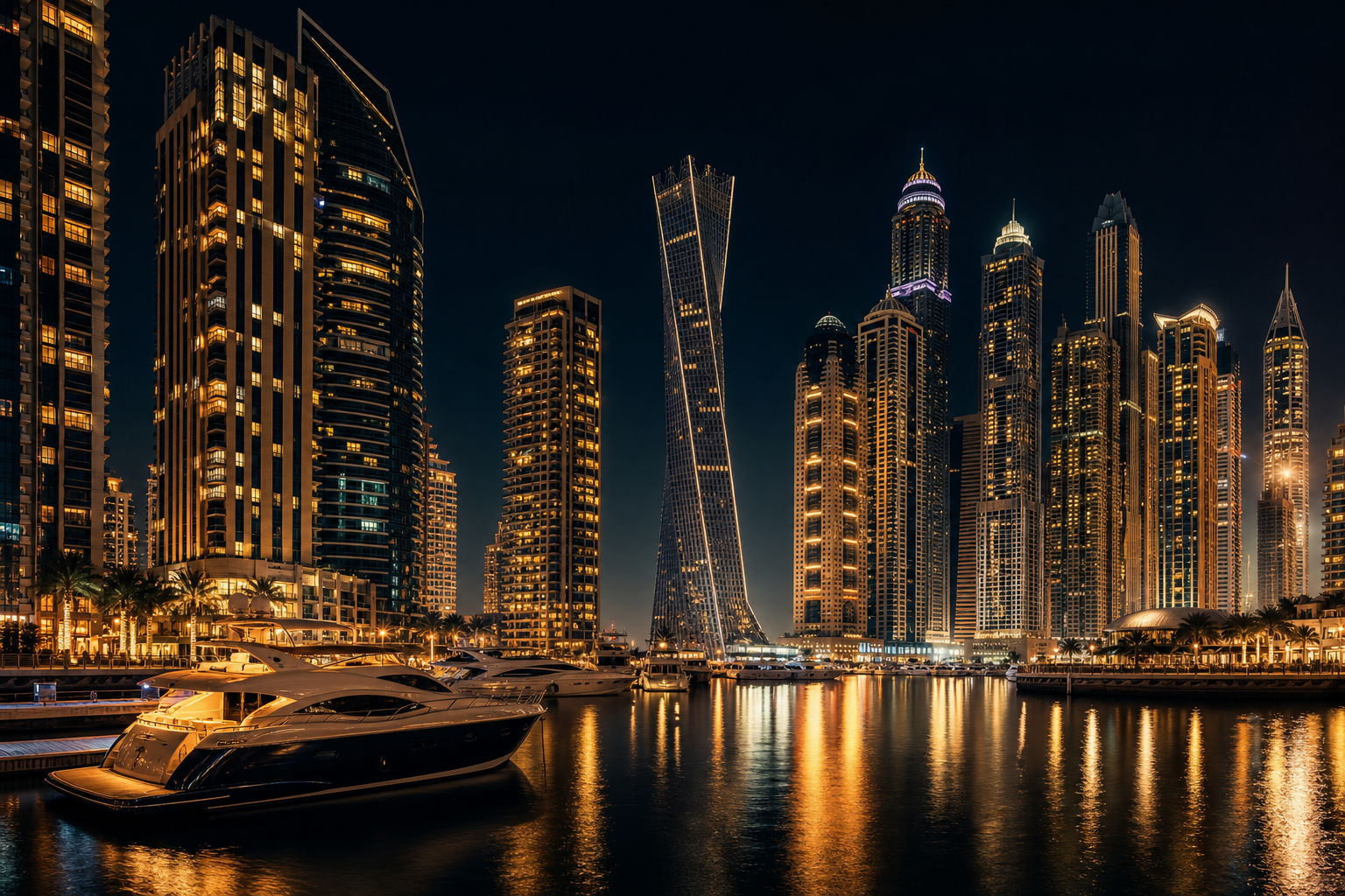 Night view of Dubai Marina skyline with illuminated towers, luxury yachts, and shimmering water reflections