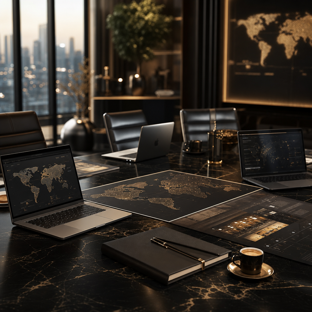 Executive planning table with open laptops, region maps, and a sleek notebook in a premium workspace