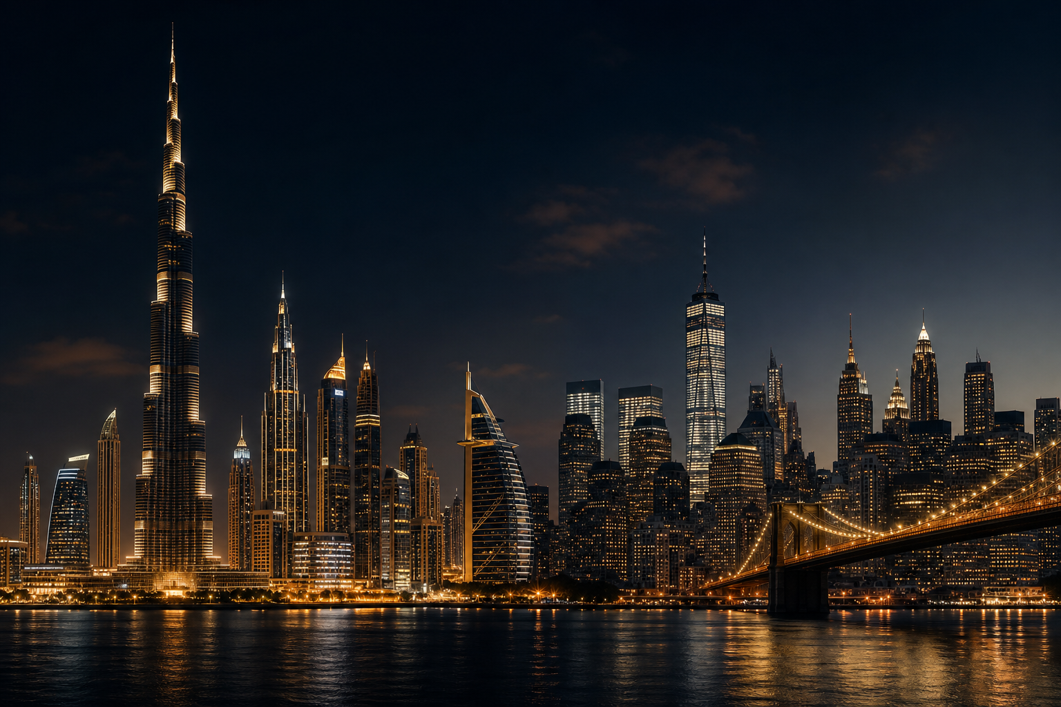 Cinematic nighttime skyline blending Dubai and international city silhouettes with warm lights and modern architecture