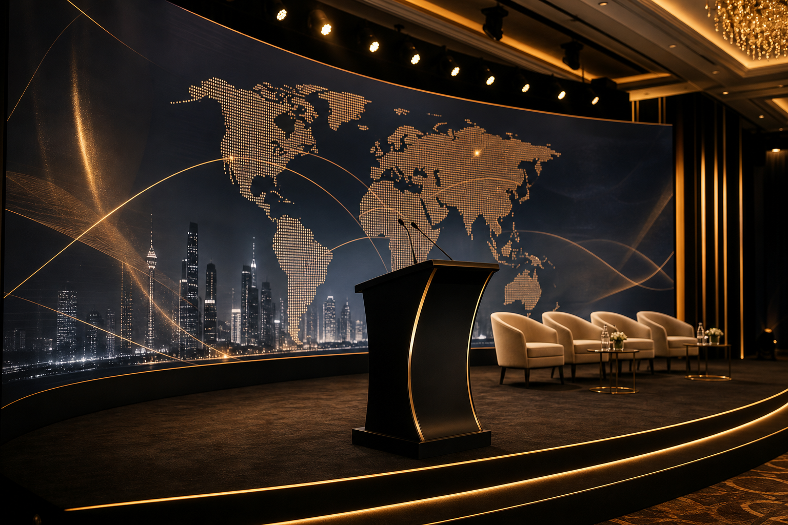 Evening business summit stage with a curved LED wall, warm spotlighting, and a sleek black-and-gold podium