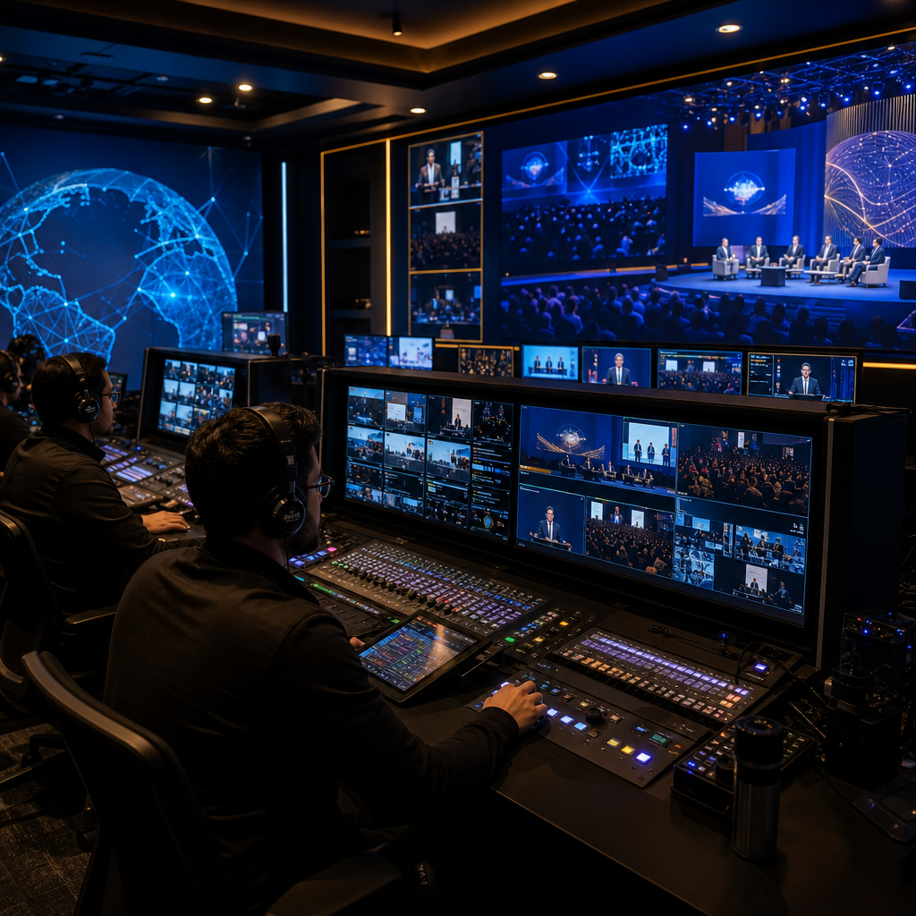 Modern control room with operators monitoring multiple event livestream screens in blue lighting