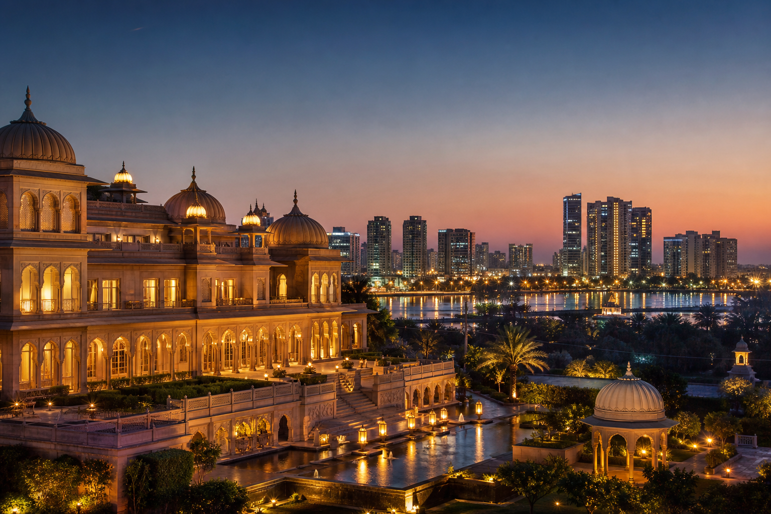 Twilight view of Hyderabad with a heritage palace-lit venue beside a modern skyline
