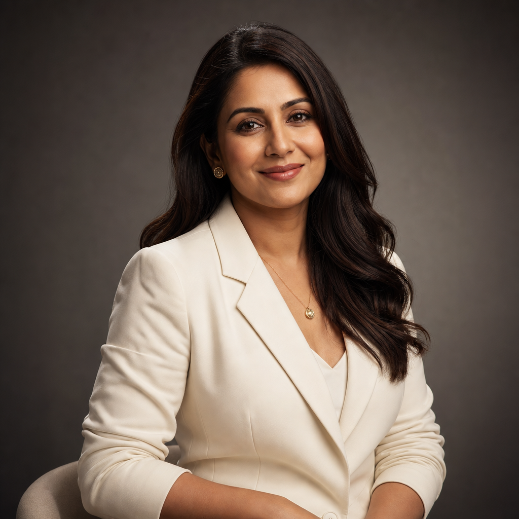 Executive portrait of a South Asian female luxury weddings director wearing an ivory blazer with a poised, warm smile