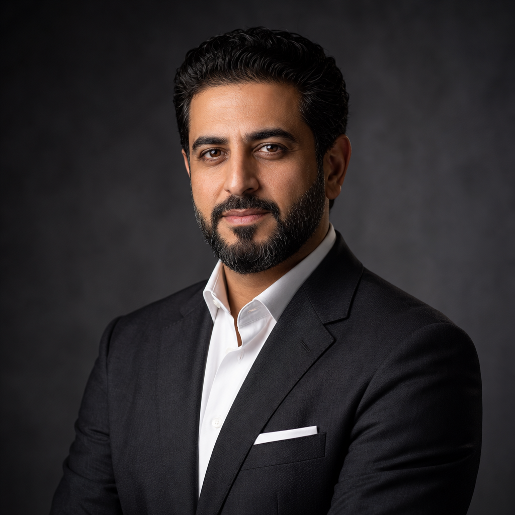 Executive portrait of a Middle Eastern male event strategist in a tailored charcoal suit with a calm, confident expression