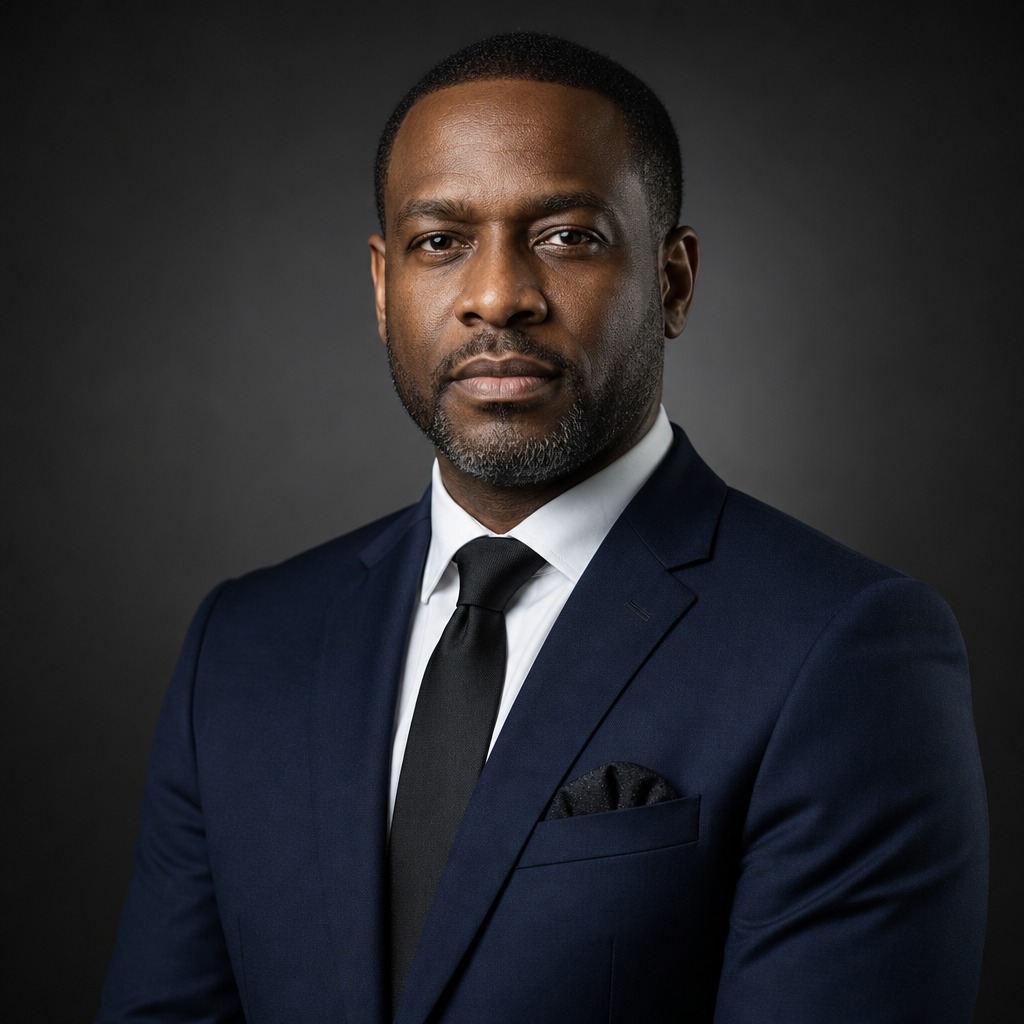 Executive portrait of a Black male global production lead in a navy suit with a focused, professional gaze