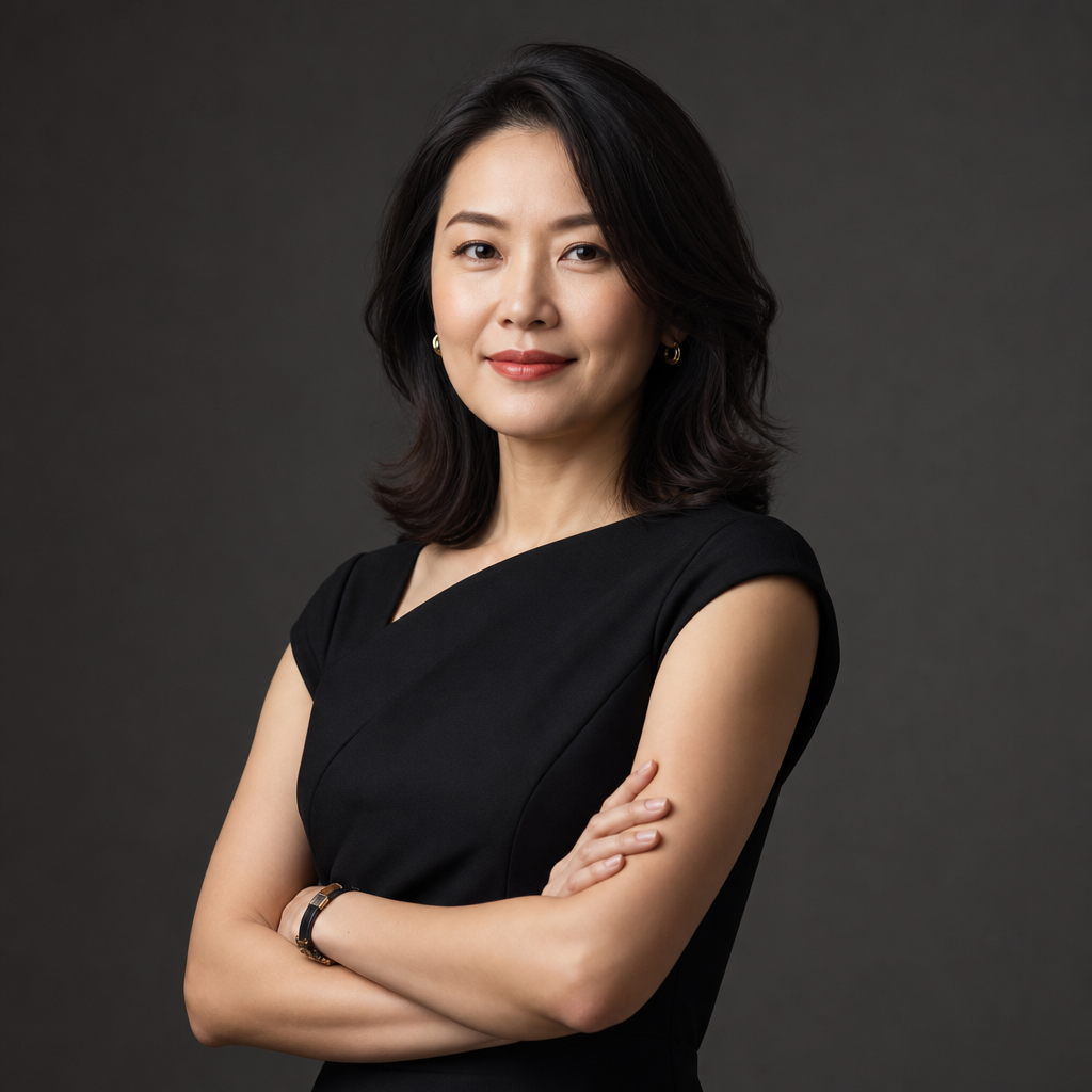 Executive portrait of an East Asian female brand activation strategist in a modern black dress with confident posture
