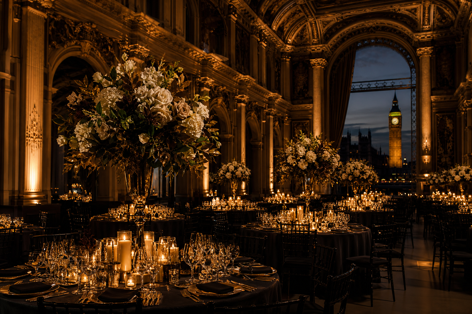 Black-tie gala dinner in London with candlelit tables and architectural backdrop