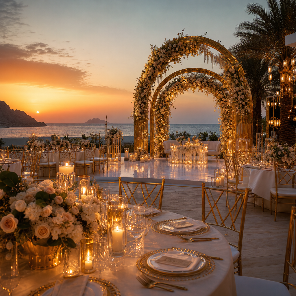 An opulent seaside wedding reception in Ras Al Khaimah with gold floral arches, candlelit tables, and ocean views