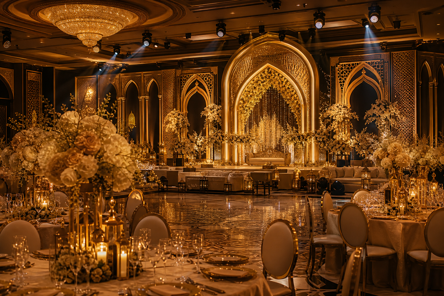 Grand Middle Eastern gala with golden lighting, ornate chandeliers, and a richly decorated wedding stage