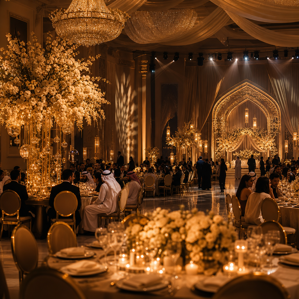 Luxury wedding reception in the Middle East with golden floral arrangements and candlelit tables