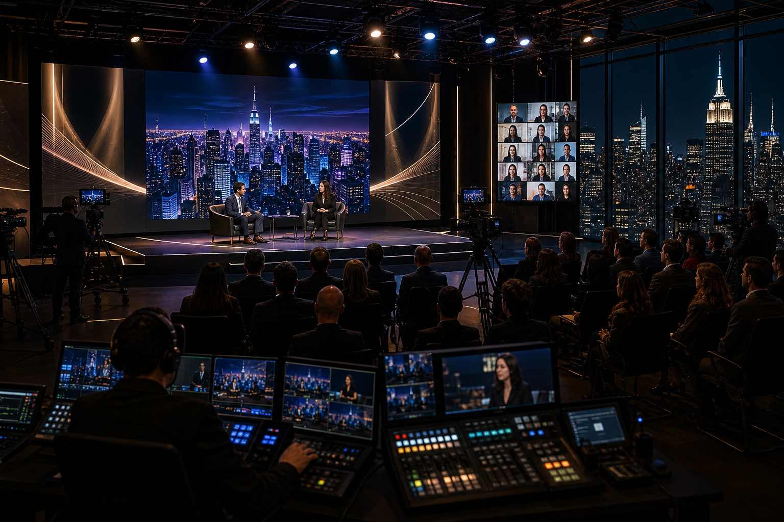 Hybrid event studio in New York with cameras, LED walls, and seated audience