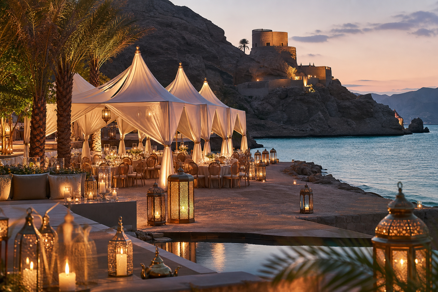 Elegant seaside celebration setup on an Omani coastline with ivory tents and lanterns