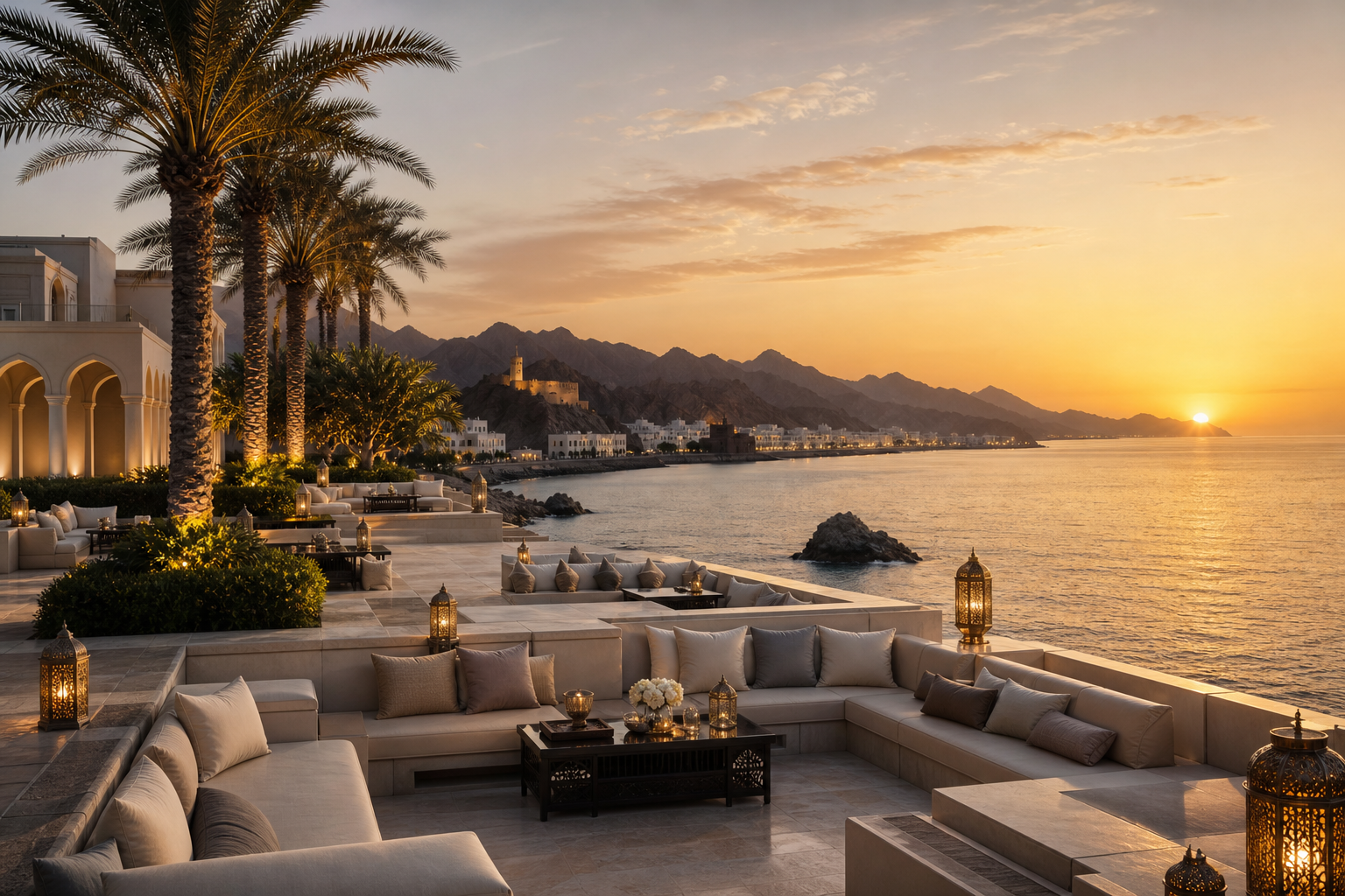Sunset over a luxury coastal terrace in Oman with ivory stone seating, palm-lined edges, and the Gulf of Oman in the background