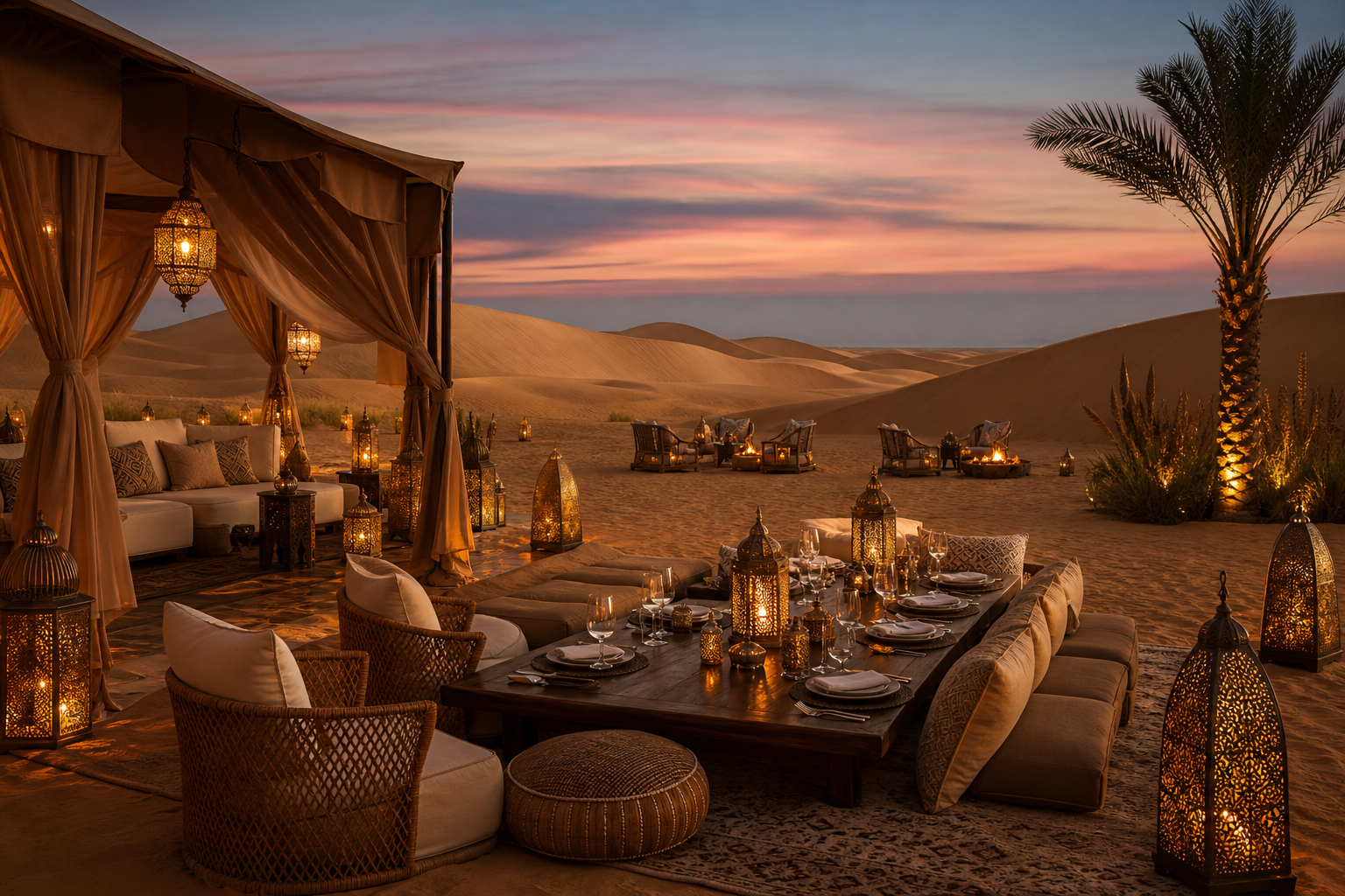 Intimate luxury desert camp in Oman with glowing lanterns, woven lounge seating, and a golden dune backdrop at dusk