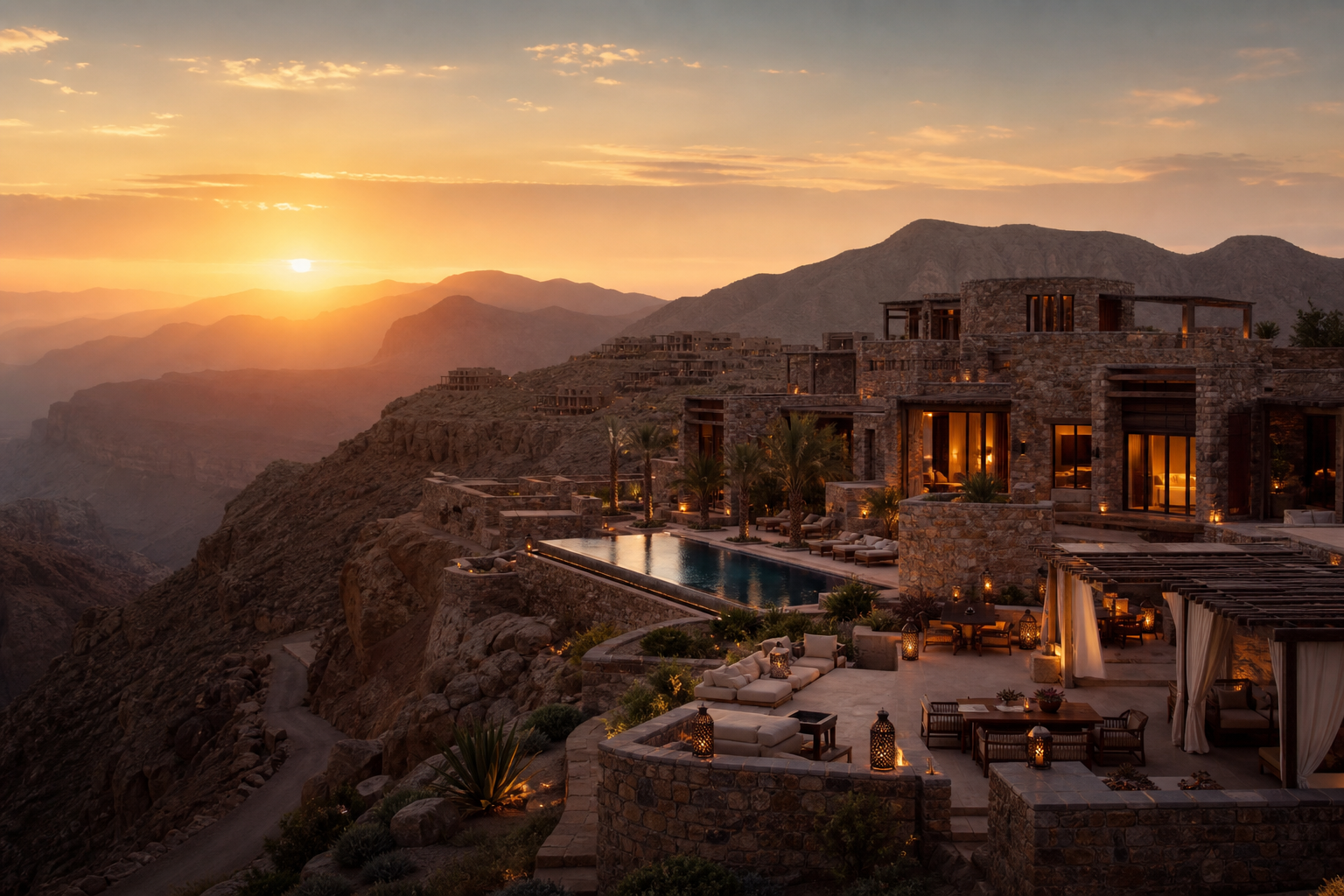 Luxury desert mountain resort in Oman with stone villas overlooking terraced cliffs at sunset