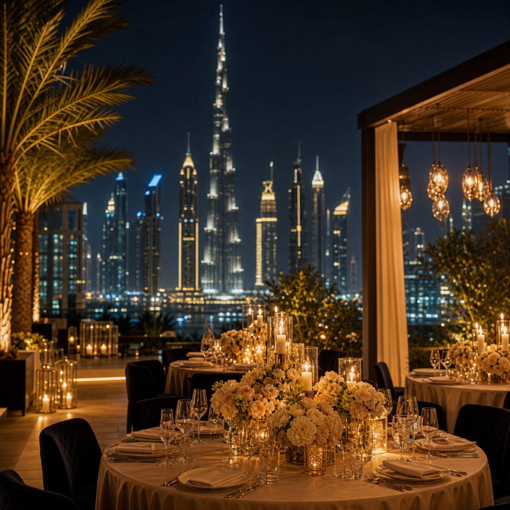 A private celebration in Dubai with a rooftop dining setup, warm lighting, and a skyline backdrop