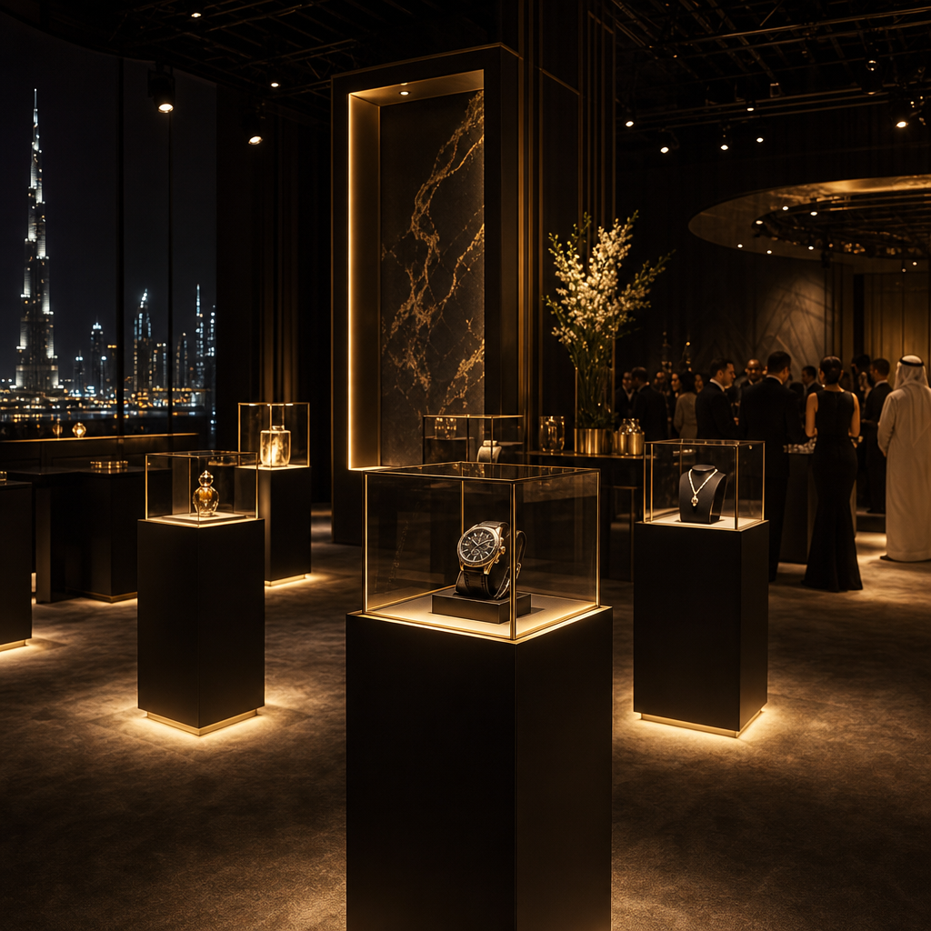 A luxury product showcase in Dubai with sleek display plinths, spotlighted exhibits, and minimalist branding