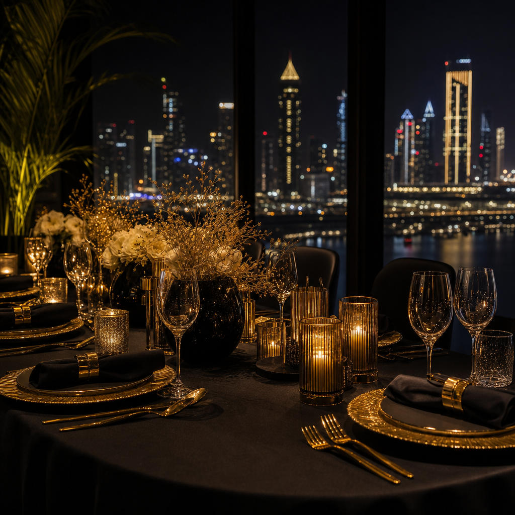 Refined business dinner setup with dark linens, gold tableware, and city lights