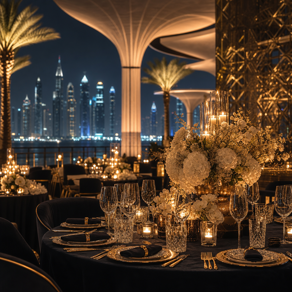 Luxury hospitality setting with gold accents and curated dining