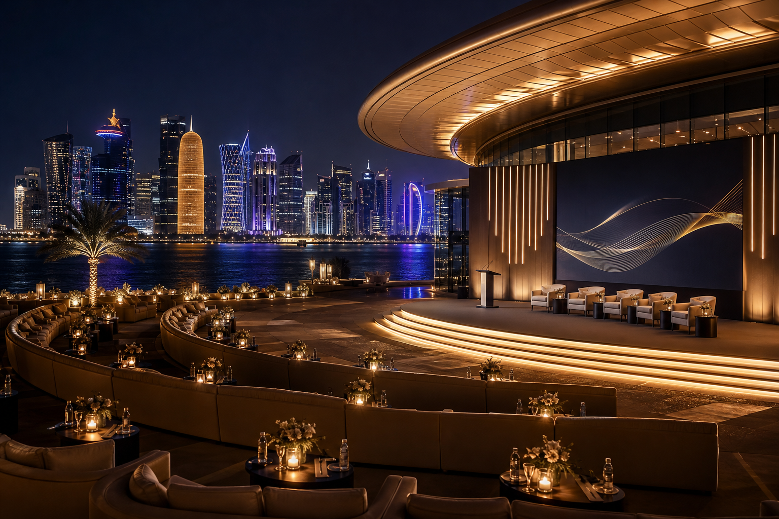Cinematic night view of Doha skyline with a modern waterfront venue prepared for an executive forum