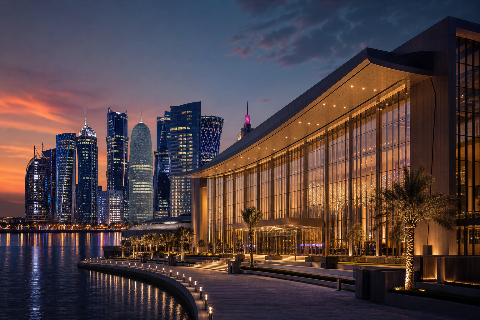 Modern Doha skyline and waterfront convention venue at dusk