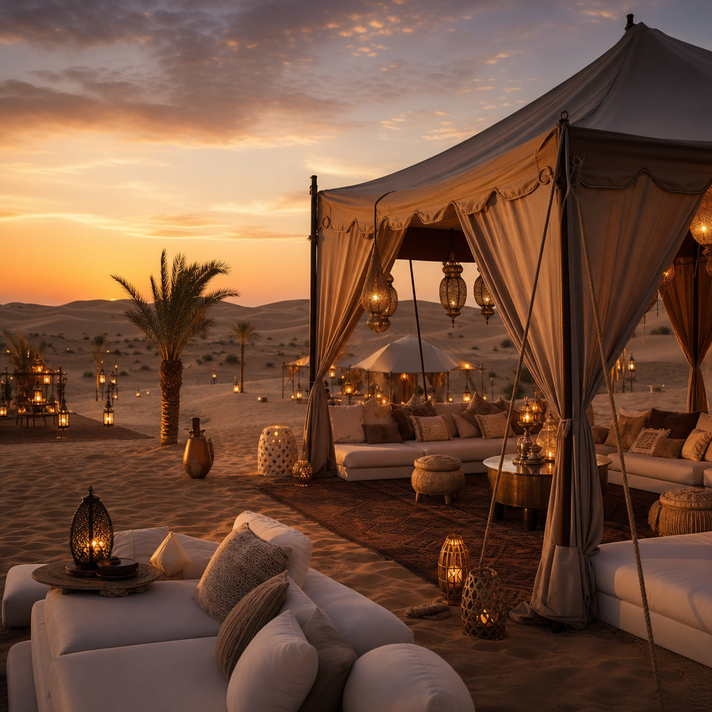 A serene desert wellness retreat setup with beige tents, low seating, and soft lantern lighting under a dusky UAE sky